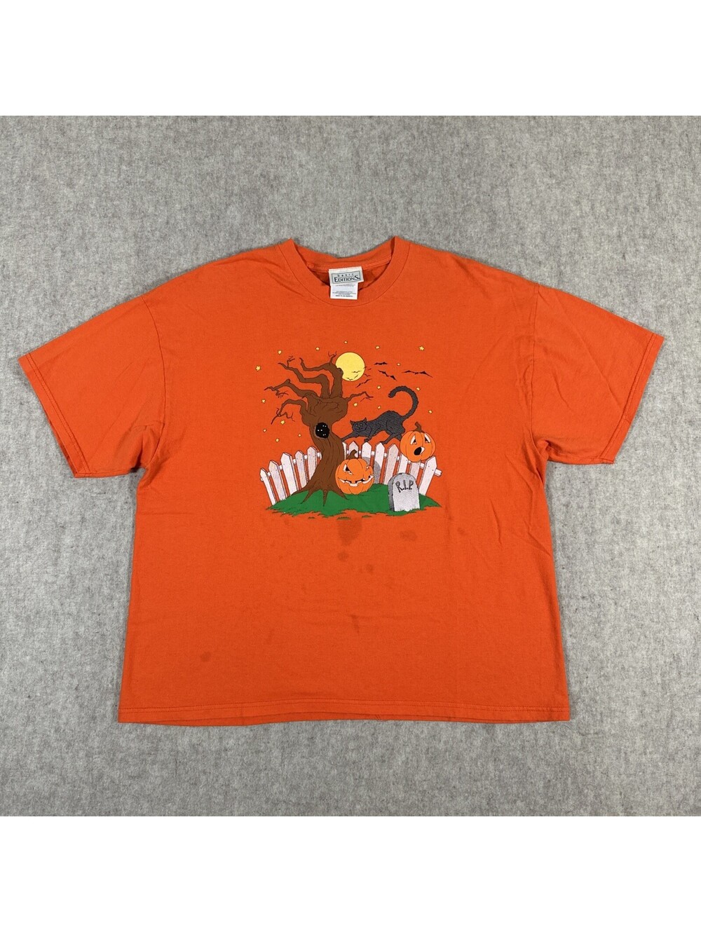 VTG Halloween T-shirt Large? Orange Cat On Fence Short Sleeve (Stains)